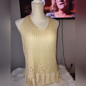 Woven Heart Tan Knit Fringe Tank Top